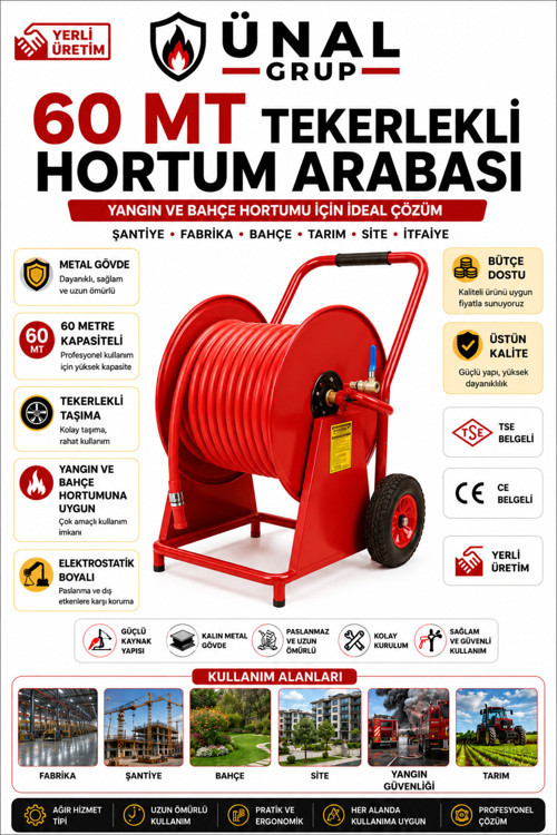 60 Metre Tekerlekli Yangın ve Bahçe Hortum Arabası Metal Hortum Sarma Makarası Şantiye
