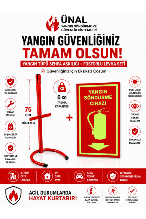 Yangın Tüpü Standı Sehpası + Fosforlu Yangın Söndürme Cihazı Levhası Seti 6 kg Uyumlu İş