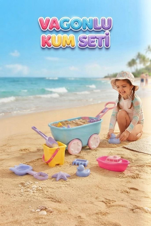 Çekçek Vagonlu Kum Seti - Plajda Eğlenceye Hazır Ol 6 Parça Eğitici Renkli Kum Oyun Seti TURKUAZ