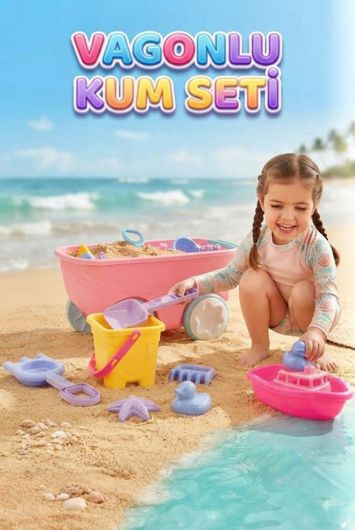 Çekçek Vagonlu Kum Seti - Plajda Eğlenceye Hazır Ol 6 Parça Eğitici Renkli Kum Oyun Seti PEMBE
