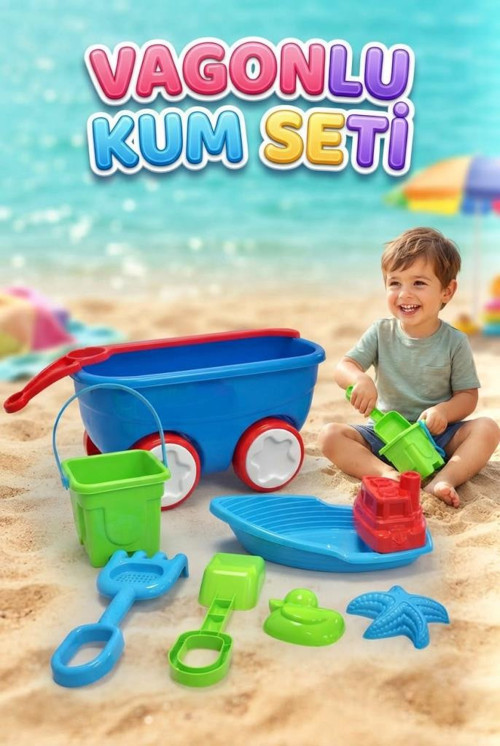 Çekçek Vagonlu Kum Seti - Plajda Eğlenceye Hazır Ol 6 Parça Eğitici Renkli Kum Oyun Seti MAVİ