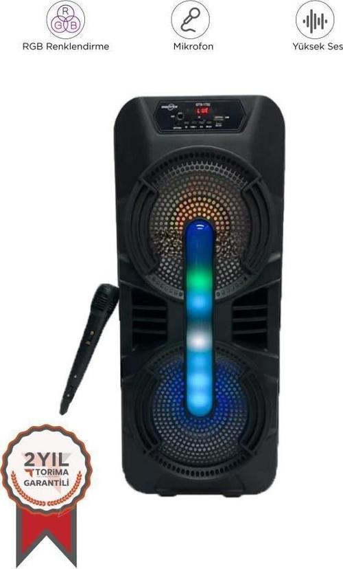 Siyah GTS-1702 Taşınabilir Bluetooth Mikrofonlu RGB Işıklı  Hoparlör