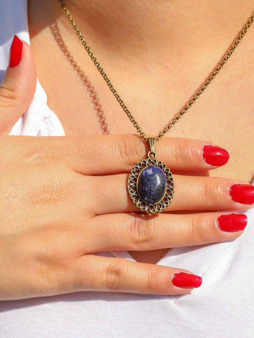 Doğal Taş Lapis Doğal Taşlı Antik Kadın Kolye euk34lps
