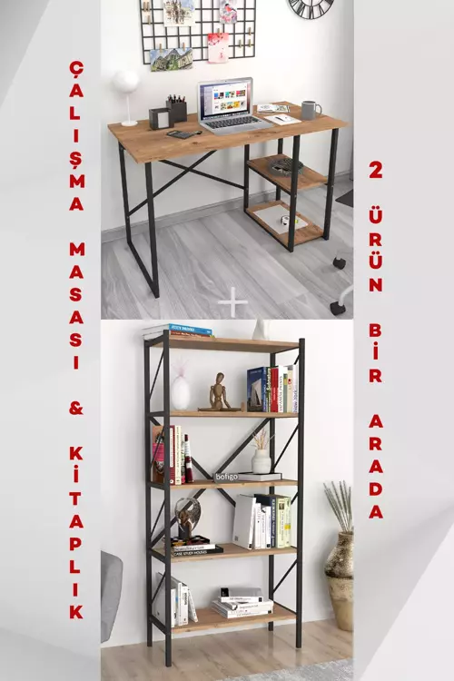 2 Raflı Çalışma Masası Bilgisayar Masası Ofis Ders Masası + 5 Raflı Kitaplık Metal Kitaplık Çam