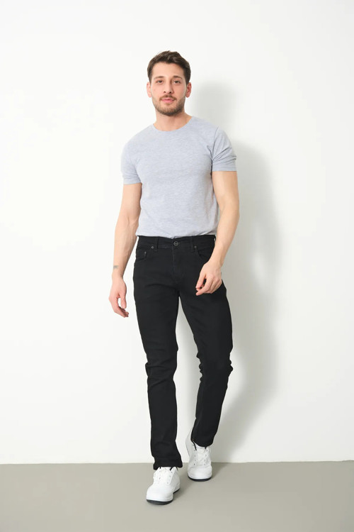 Erkek Siyah Rahat Likralı Regular Fit Denim Jeans Kot Pantolon