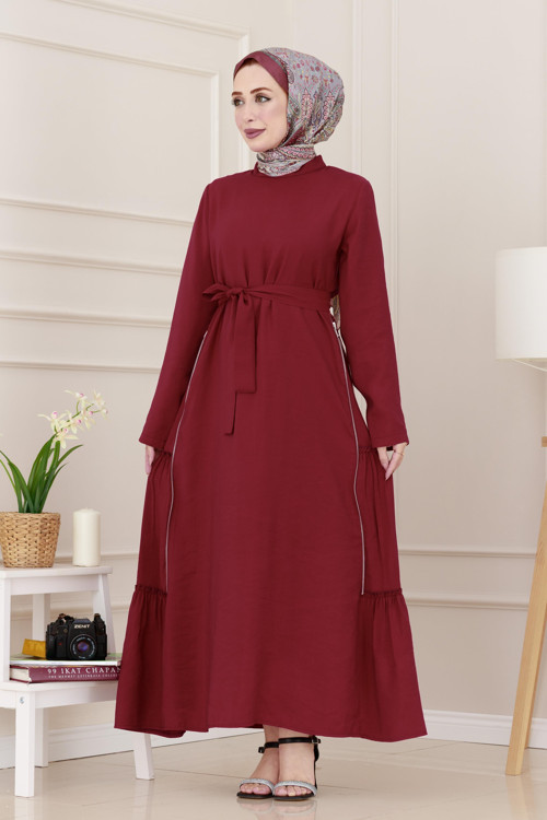 Yanı Fermuar Detaylı Tesettür Elbise-Bordo