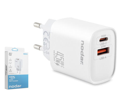 ND1013 USB-A Type-C Çift Çıkışlı Hızlı Şarj Adaptörü 45W Beyaz