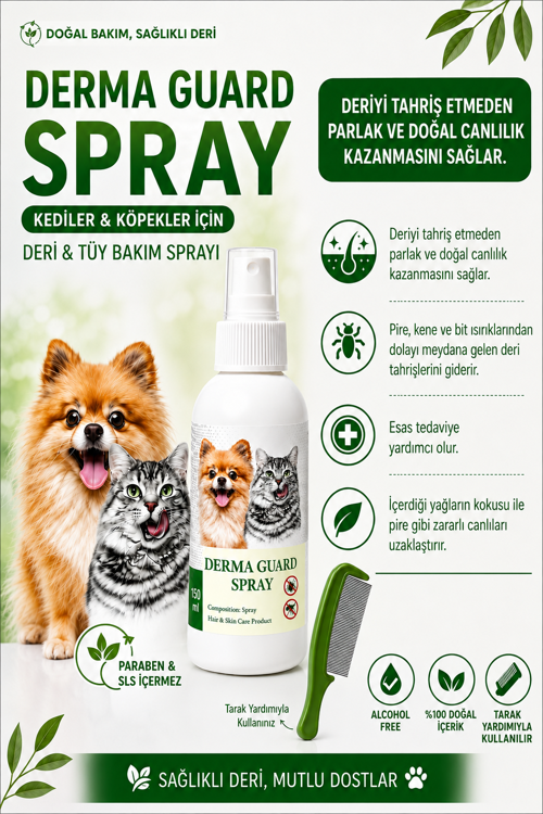 Kedi ve Köpek Deri & Tüy Bakım Spreyi 150 ml - Pire, Kene Isırığı Sonrası Cilt Bakımı ve Tüy Parlatıcı