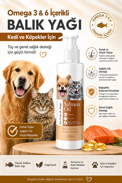 Omega 3 & 6 Somon Balık Yağı 250 ml Kedi ve Köpekler İçin Tüy, Deri, Bağışıklık ve Genel Sağlık Destekleyici