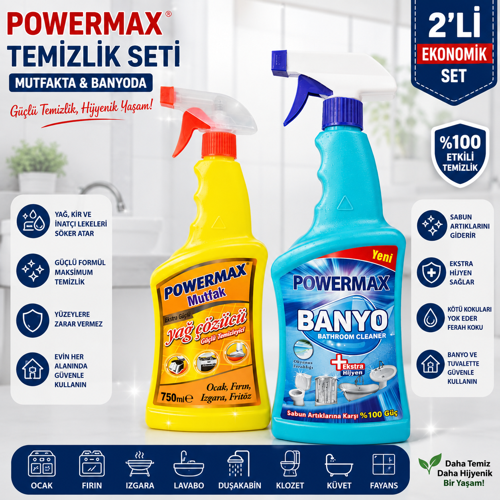 Mutfak & Banyo Temizlik Seti 2'li – Yağ Çözücü + Banyo Kireç ve Pas Temizleyici 750 ml x 2