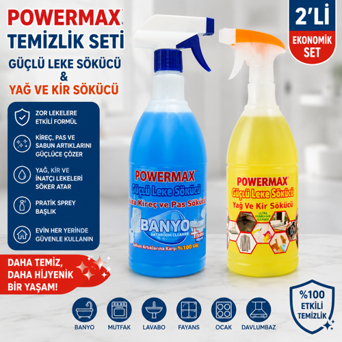 2'li Güçlü Temizlik Seti 1000 ml x 2 – Banyo Kireç & Pas Sökücü + Yağ ve Kir Sökücü Sprey Toplam 2000 ml