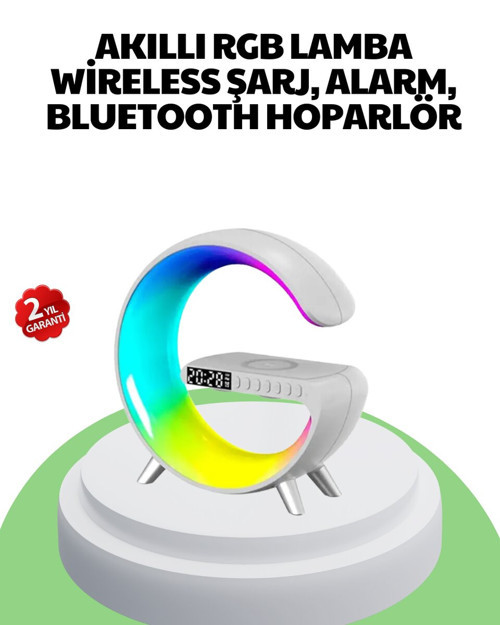 Bluetooth Hoparlörlü RGB Atmosfer Lambası Kablosuz Şarj ve Saat Özellikli - MZUIRG1881-9181