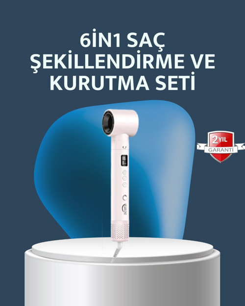 6-in-1 Saç Şekillendirme Seti Yüksek Hızlı Motor Negatif İyon LCD Ekran - MZUIRG2000-3536