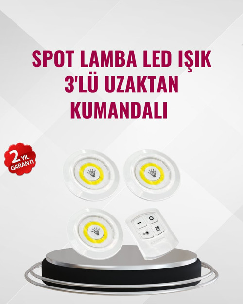 3 Lü Pilli Kablosuz Led Spot Lamba Seti Kumandalı Kolay Montaj Aydınlatma - MZUIRG2895-5703