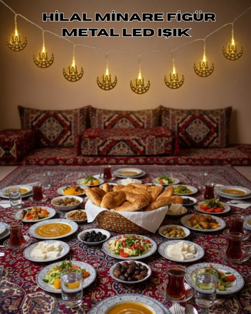 Pilli Minareli Hilal LED Işık Gold Metal Ramazan Dekorasyonu - MZUIRG8584-2328