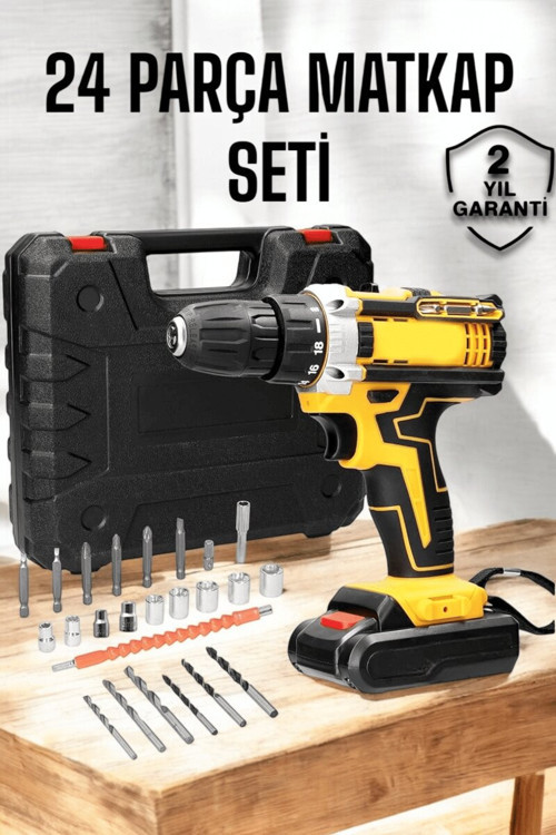 Çift Bataryalı Metal Dişli Darbeli Şarjlı Matkap Seti 24W Güç ve 24 Parça Ak - MZUIRG4838-8
