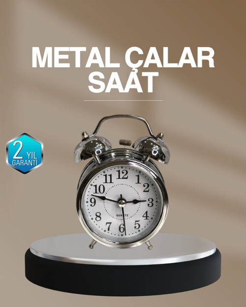 Dekoratif Yuvarlak Gümüş Sessiz Işıklı Masa Üstü Çalar Saat Alarmlı ve Ş? - MZUIRG9062-2