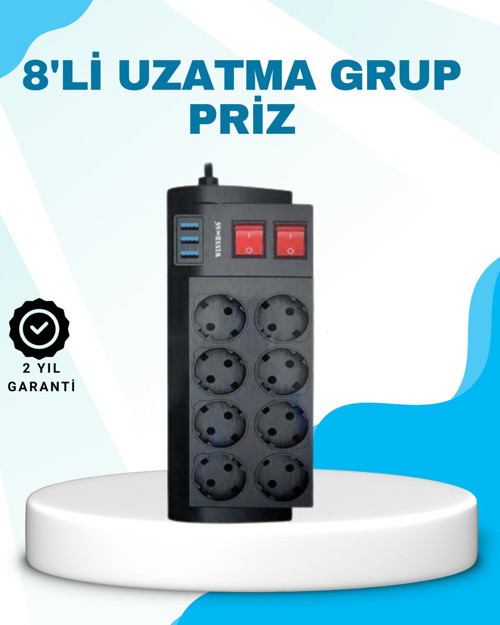 Isıya Dayanıklı Termal Akım Korumalı 8'li Priz ve 3 USB Girişli Uzatma Kablosu - MZUIRG5570-6