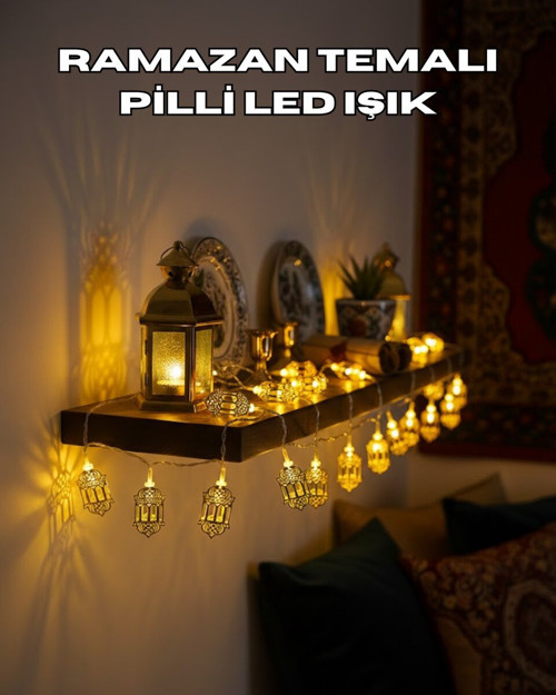 Pilli Altın Fenerli Ramazan Işıkları Dekoratif LED Zincir - MZUIRG2155-3847