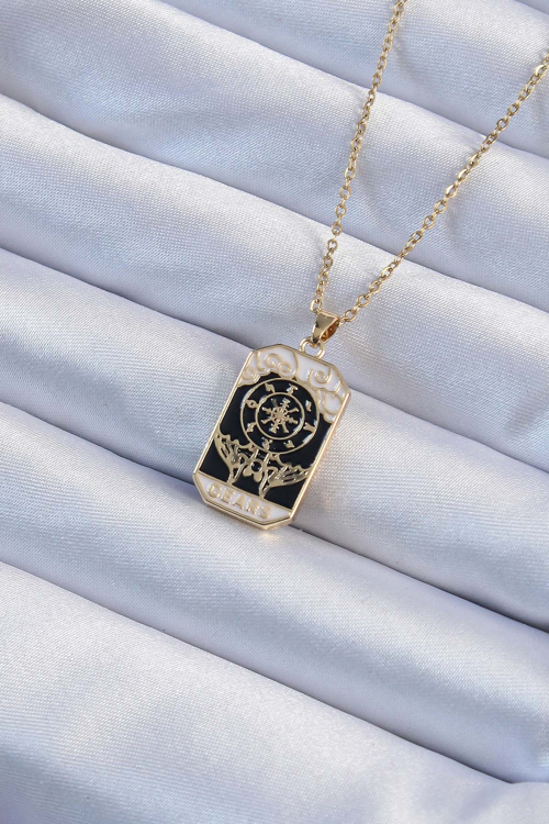 316L Çelik Zincir Altın Renk İşlemeli Siyah Mineli Tarot Kolye 5886 - MZUIRG9350-9341