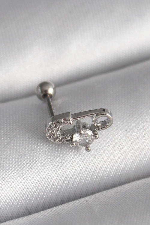 316L Çelik Gümüş Renk Zirkon Taşlı Toplu İğne Tragus Piercing 5886 - MZUIRG4289-1196