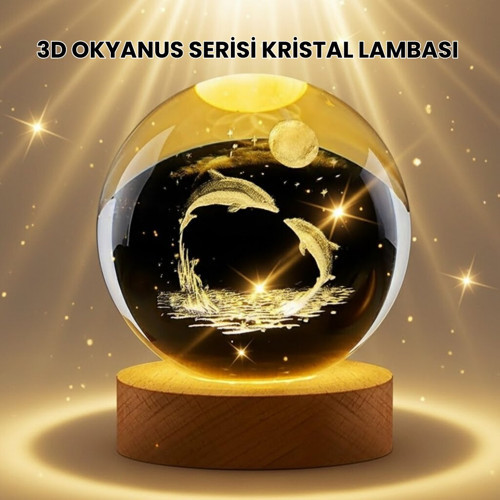 Lazer İşlemeli Yunus Kristal Küre Sıcak Işıklı Ahşap Standlı - MZUIRG7542-6713