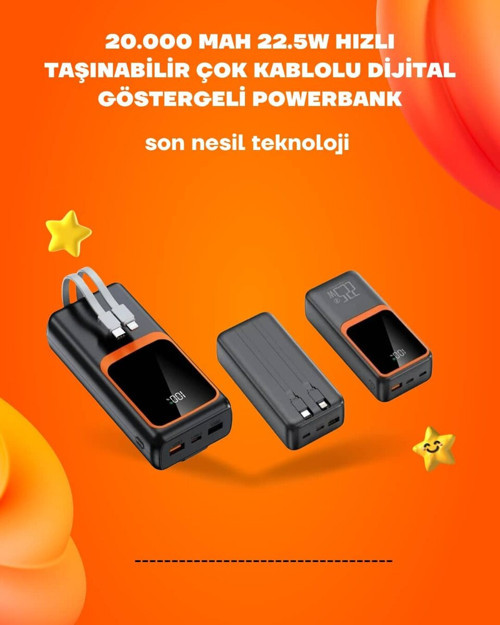 Powerbank 20000 mAh | 22.5W Hızlı Şarj Dahili Kablolu LCD Ekranlı Şarj Cihazı - MZUIRG8501-32