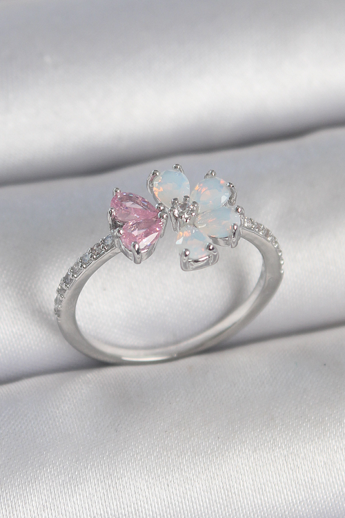 Pirinç Gümüş Renk Beyaz Mineli Pembe Zirkon Taşlı Çiçek Model Kadın Yüzük - MZUIRG4287-2