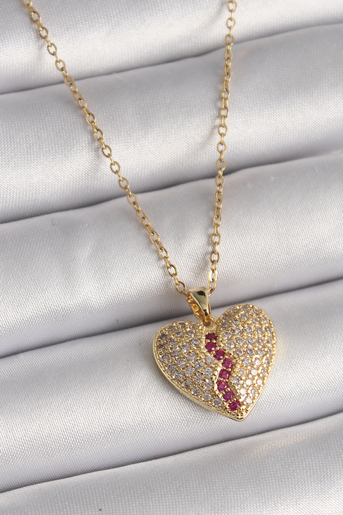 316L Çelik Gold Renk Zincir Zirkon Taşlı Kalp Model Kadın Kolye 5886 - MZUIRG7940-1714