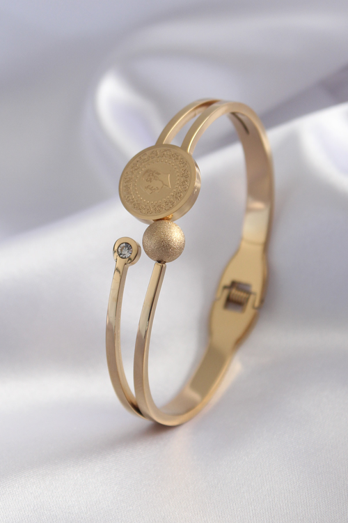 316L Çelik Gold Renk Çey-rek Altın Zirkon Taş Detay Kadın Kelepçe 5886 - MZUIRG5557-5589