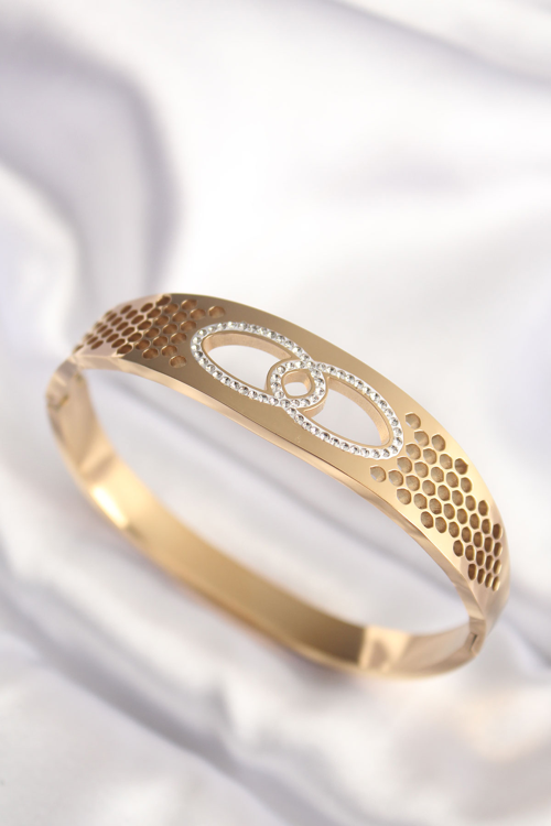 316L Çelik Gold Renk Zirkon Taşlı Kadın Kelepçe Bilezik 5886 - MZUIRG1068-2714