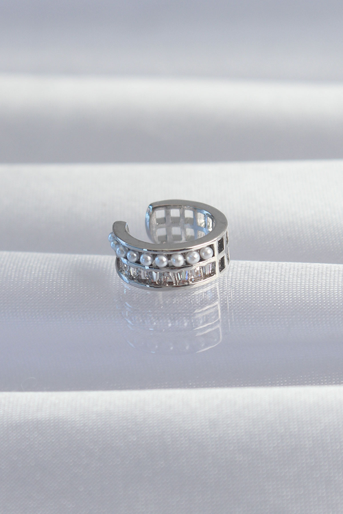 Pirinç Gümüş Renk İncili Baget Taşlı Earcuff Küpe 5886 - MZUIRG2599-9752