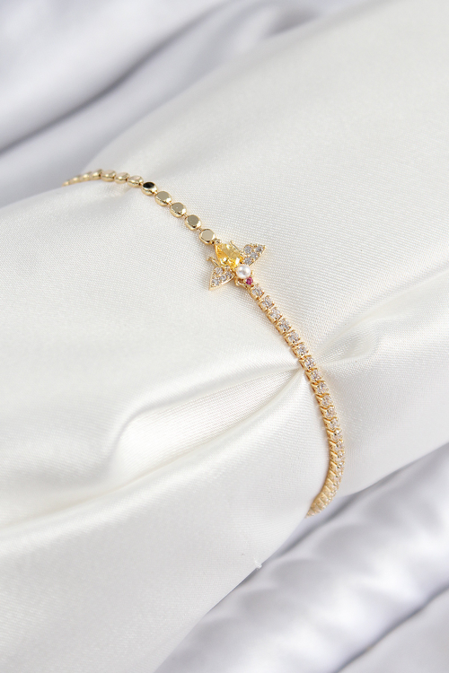 Pirinç Zirkon Taşlı Arı Model Ezme Zincir Gold Renk Kadın Bileklik 5886 - MZUIRG1488-4047