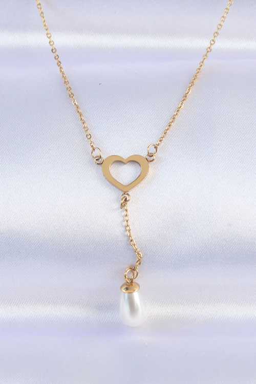 316L Çelik Zincir Gold Renk İnci Taş Detay Kalp Kolye 5886 - MZUIRG6090-2735