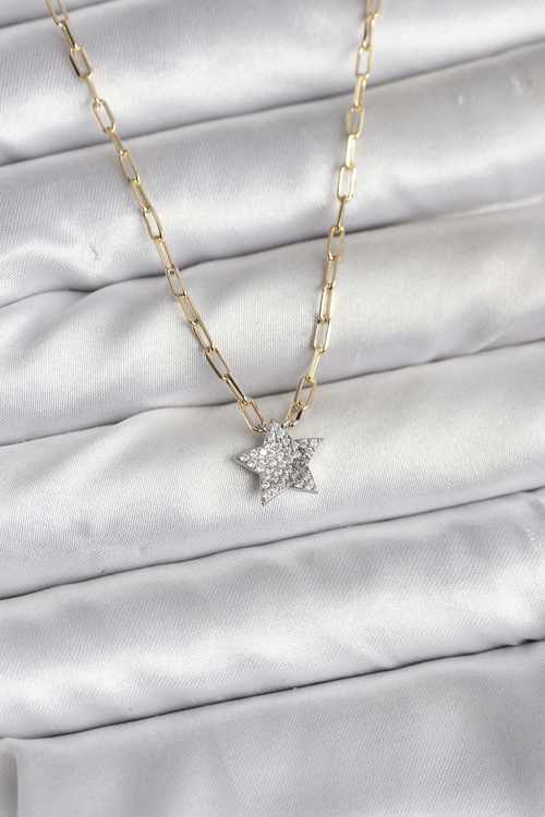 Pirinç Gold Renk Zincirli Zirkon Taşlı Minimal Yıldız Model Kadın Kolye 5886 - MZUIRG8035-290