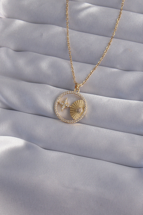 316L Çelik Zincir Gold Renk Zirkon Taşlı Yıldız Figürlü Oval Kolye 5886 - MZUIRG8438-2125
