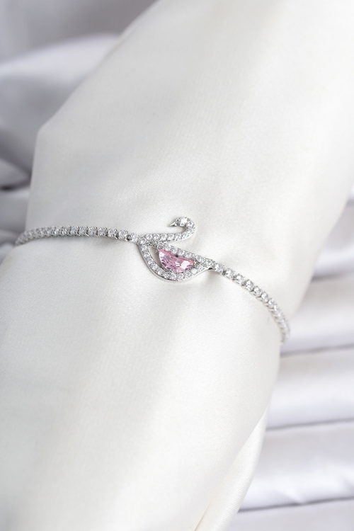 Pirinç Gümüş Renk Zirkon Taşlı Swan Model Su Yolu Kadın Bileklik 5886 - MZUIRG9092-6675