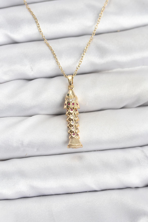 316L Çelik Zincir Gold Renk Balık Model Zirkon Taşlı Kadın Kolye 5886 - MZUIRG5969-6212