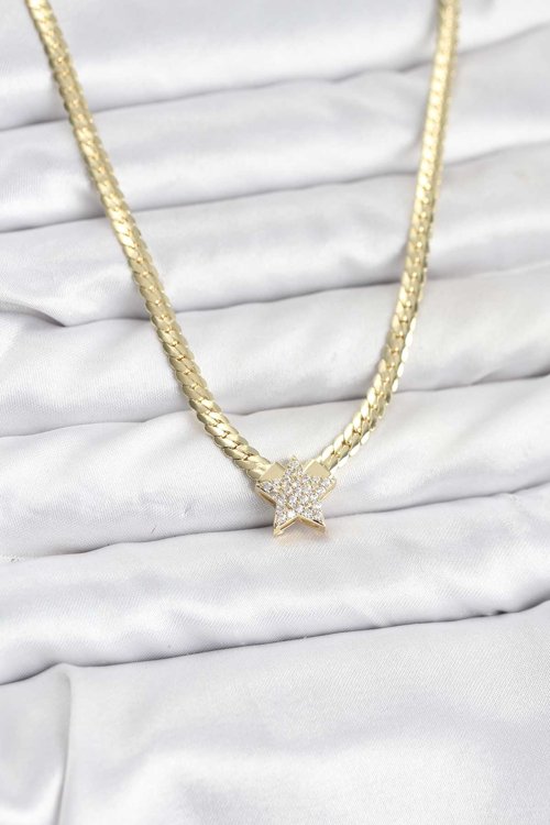 Gold Renk Pirinç Yıldız Zirkon Taşlı Kadın Kolye 5886 - MZUIRG6849-8005