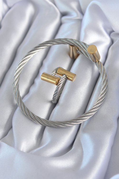 316L Çelik Gümüş Renk Gold Detay Sarmal Model Erkek Bileklik Yüzük Kombini 588 - MZUIRG1479-9