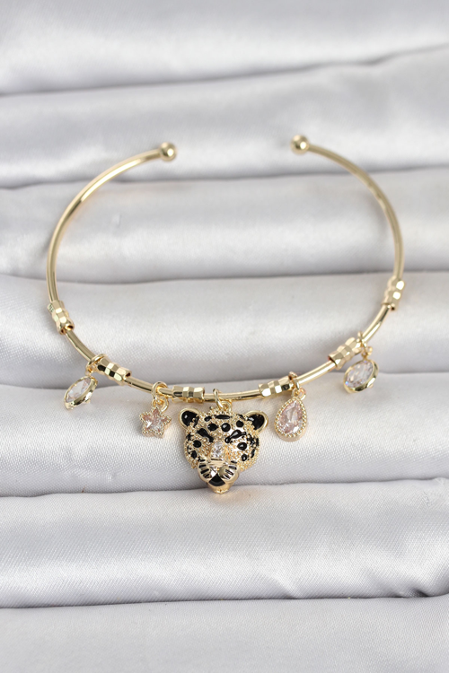 Pirinç Gold Renk Leopar Detaylı Charmlı Kadın Bileklik 5886 - MZUIRG9704-4437