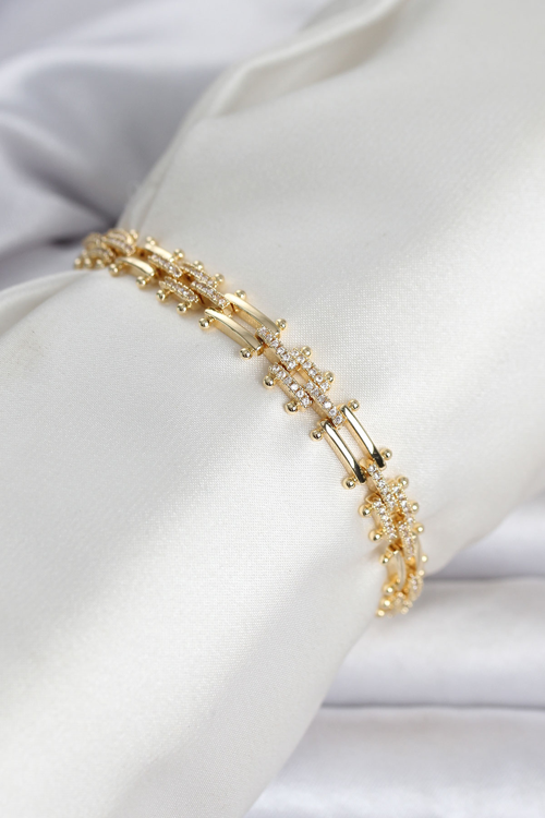 Pirinç Gold Renk Kare Zincir Model Zirkon Taşlı Kadın Bileklik 5886 - MZUIRG9924-6248