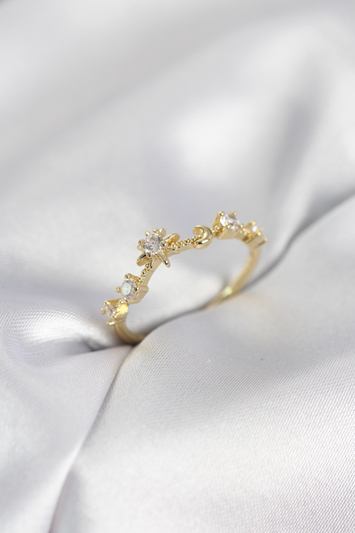 Gold Renk Gece Temalı Zirkon Taşlı Kadın Yüzük 5886 - MZUIRG7890-4865