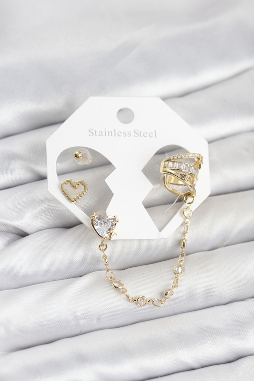 Pirinç Gold Renk Kalp Model Zincir Bağlantılı Ear Cuff Küpe Seti 5886 - MZUIRG1359-3524