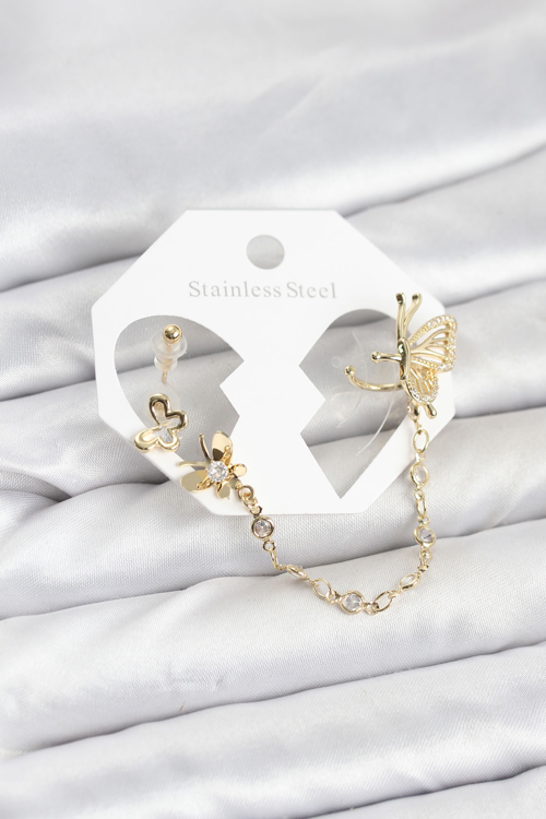 li Model Pirinç Gold Renk Zincir Bağlantılı Ear Cuff Küpe Seti 5886 - MZUIRG5906-1712
