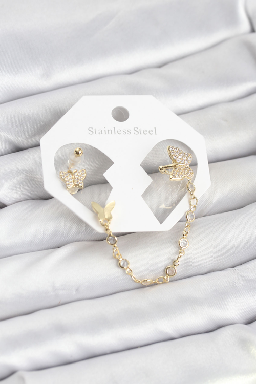 Model Pirinç Gold Renk Zincir Bağlantılı Ear Cuff Küpe Seti 5886 - MZUIRG8516-6581