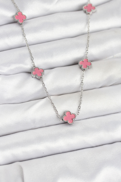 316L Çelik Zincir Gümüş Renk Pembe Baby Boy Yonca Kadın Kolye 5886 - MZUIRG6656-6487