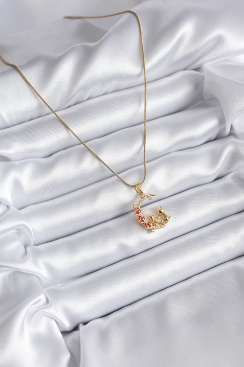316L Çelik Gold Renk Hilal Kedi Model Zirkon Taşlı Detay Kadın Kolye 5886 - MZUIRG8013-1055