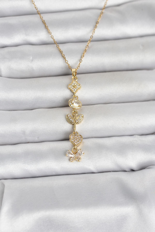 316L Çelik Gold Renk Şans Kolyesi Y Model Zirkon Taşlı Kadın Kolye 5886 - MZUIRG1228-8416