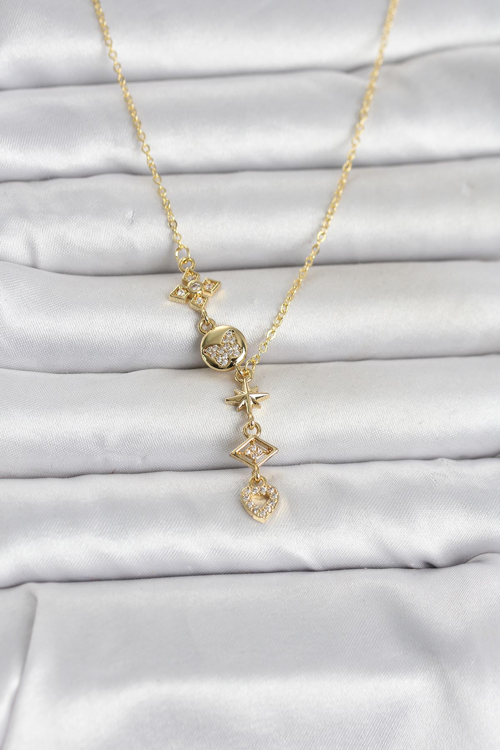 316L Çelik Gold Renk Zirkon Taşlı Y Kadın Kolye 5886 - MZUIRG7312-7055